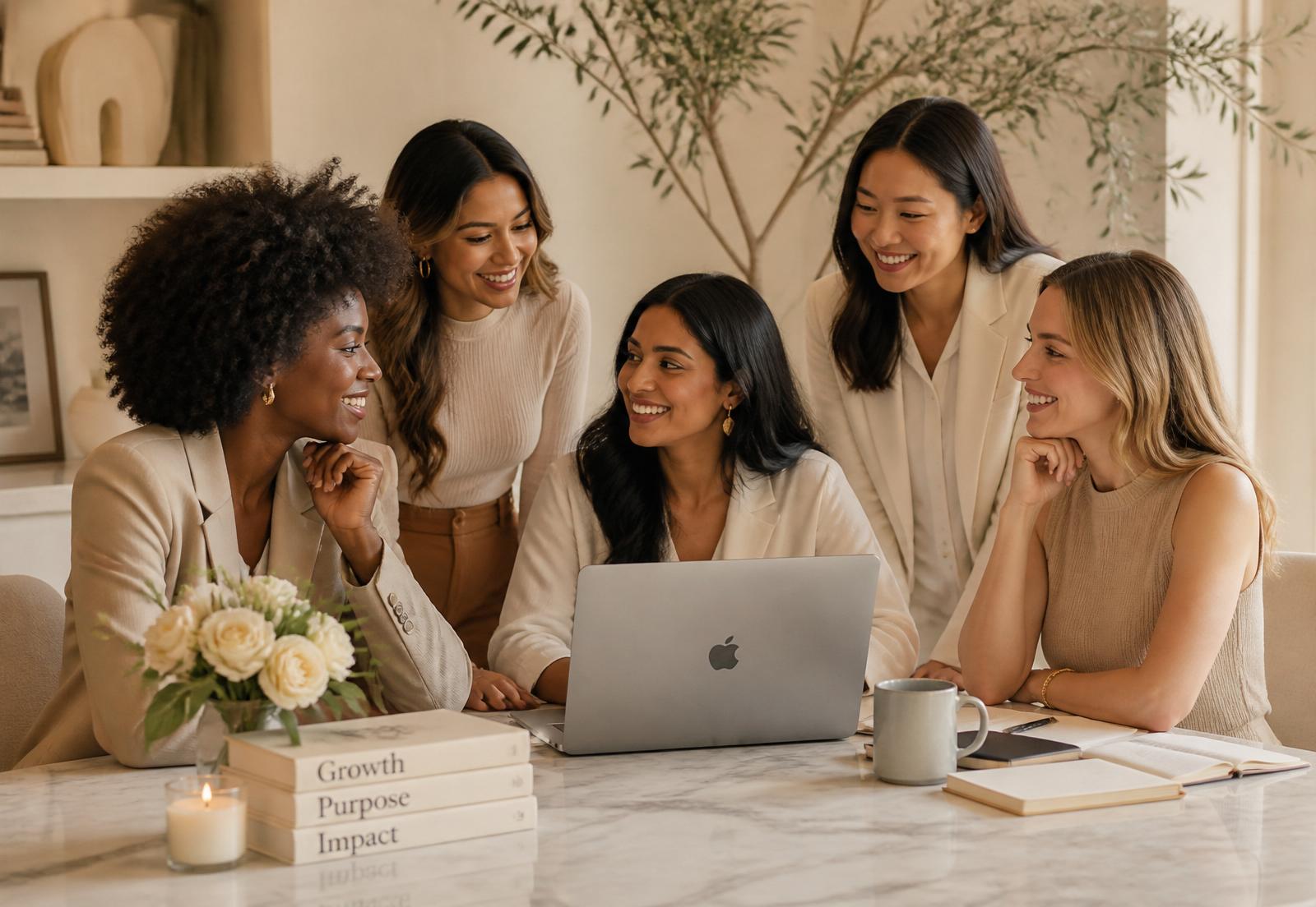 A diverse group of women — Black, Latina, South Asian, East Asian and white — collaborating around a table